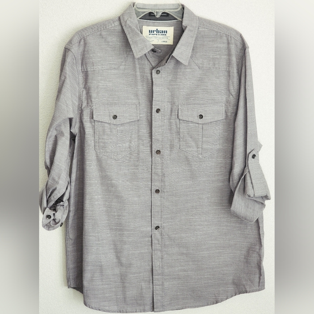Urban Pipeline Men's Gray Long Sleeve Roll Tab Button-down Pockets Yolk Sz Large